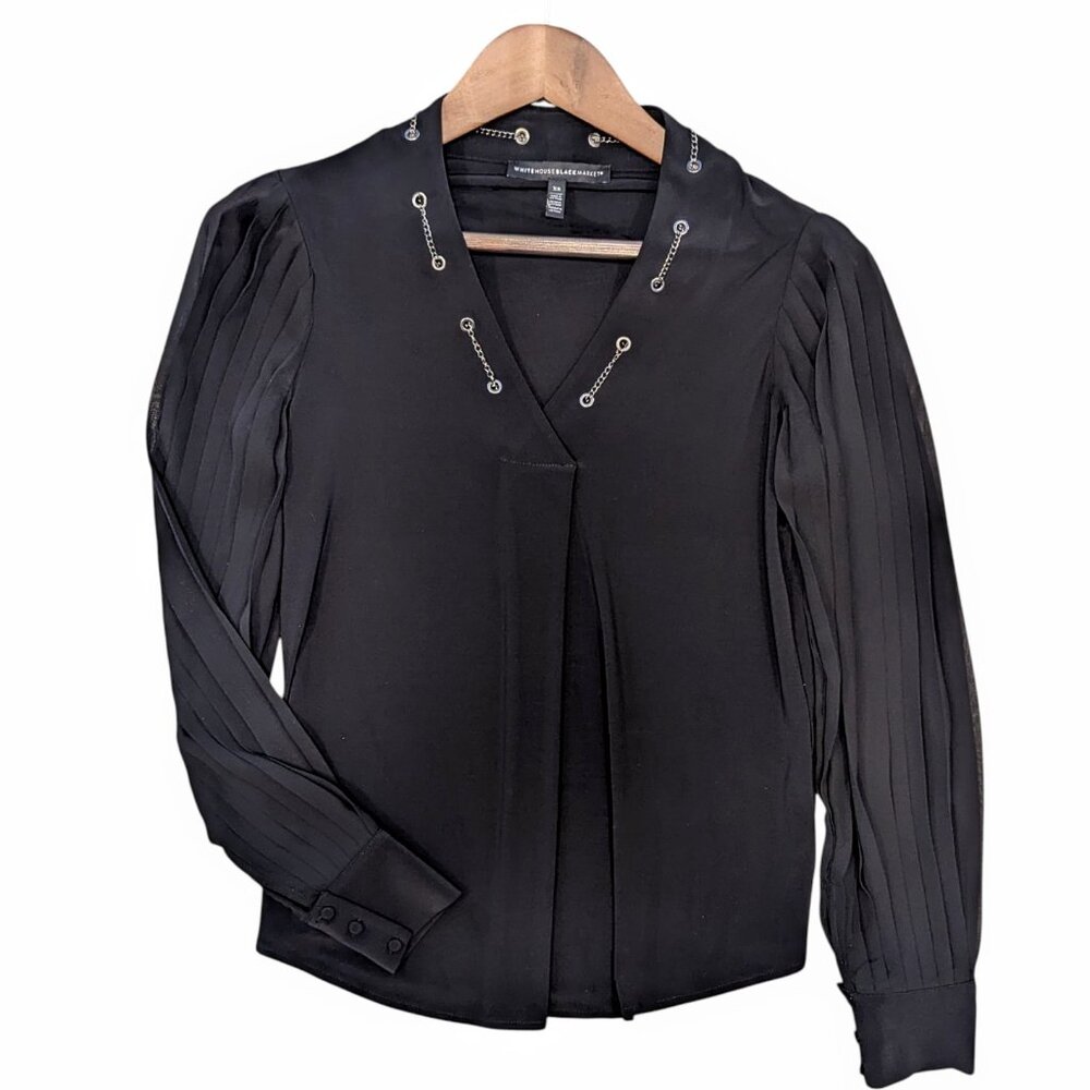 WHBM XS Black Long Sheer Pleated Sleeve V-Neck Blouse Silver Chain Detailing